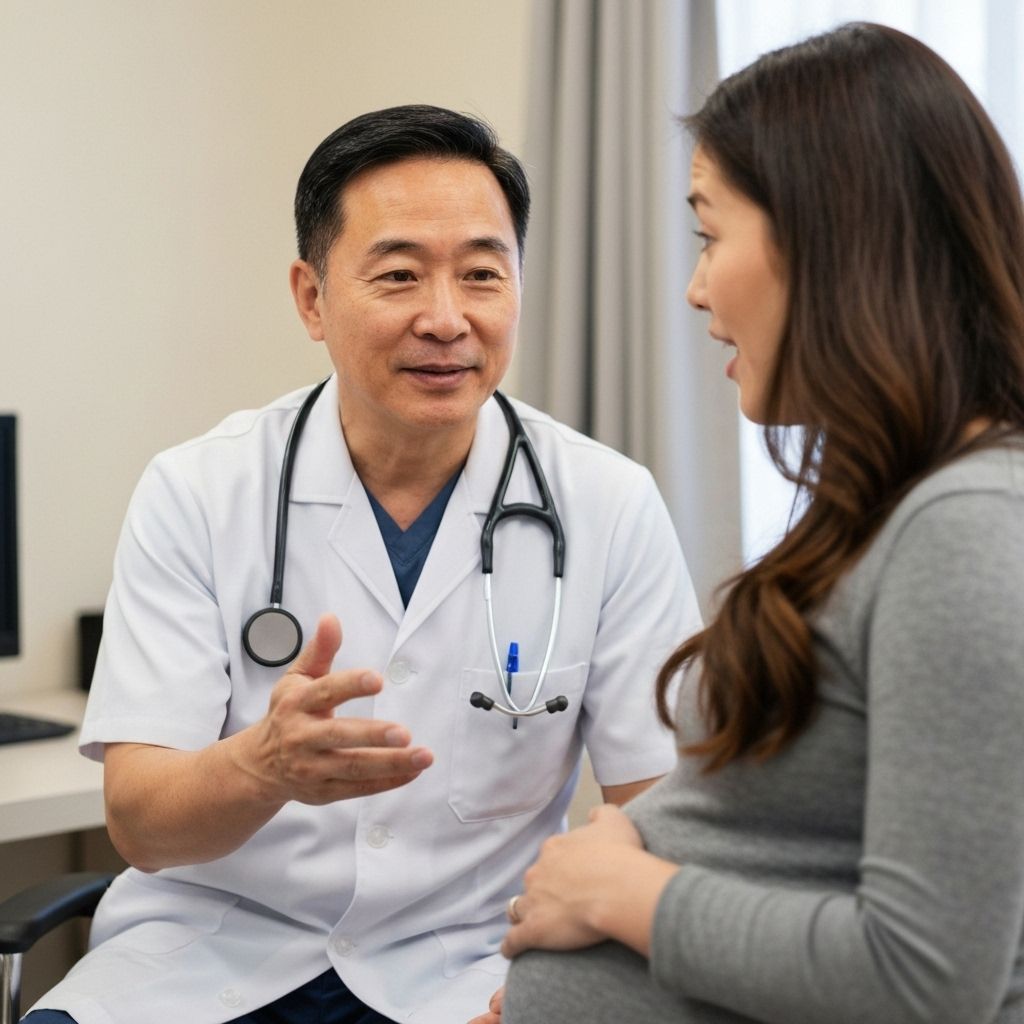 Healthcare professional consulting with pregnant woman in modern clinic